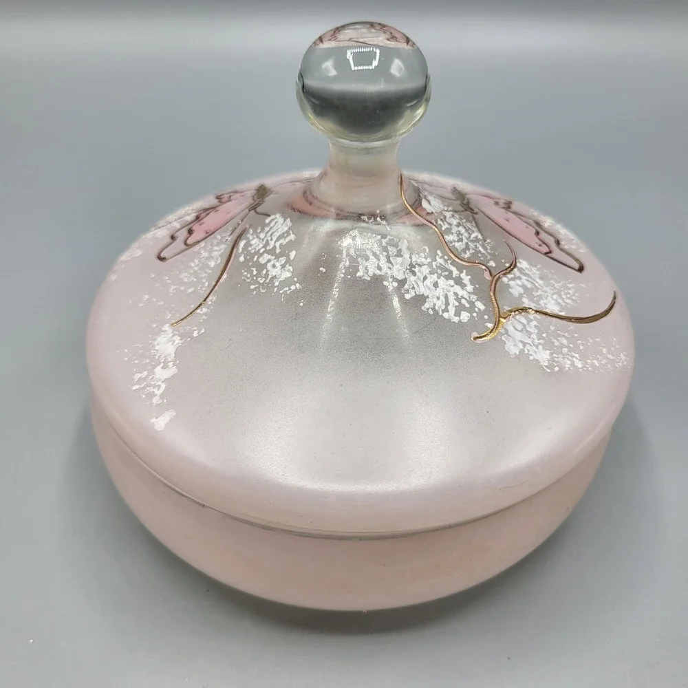 Butterfly Trinket Dish Vanity Jar Frosted Pink Glass Gold Accents Hand Painted